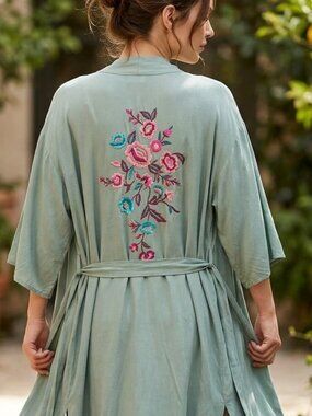 Sage Green Floral Embroidered 100% Rayon Belted Kimono Size S